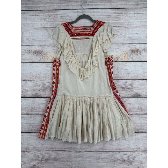 Free People Day Glow Embroidered Mini Dress Women's Small Beige/Red Frayed Hem - Picture 2 of 12